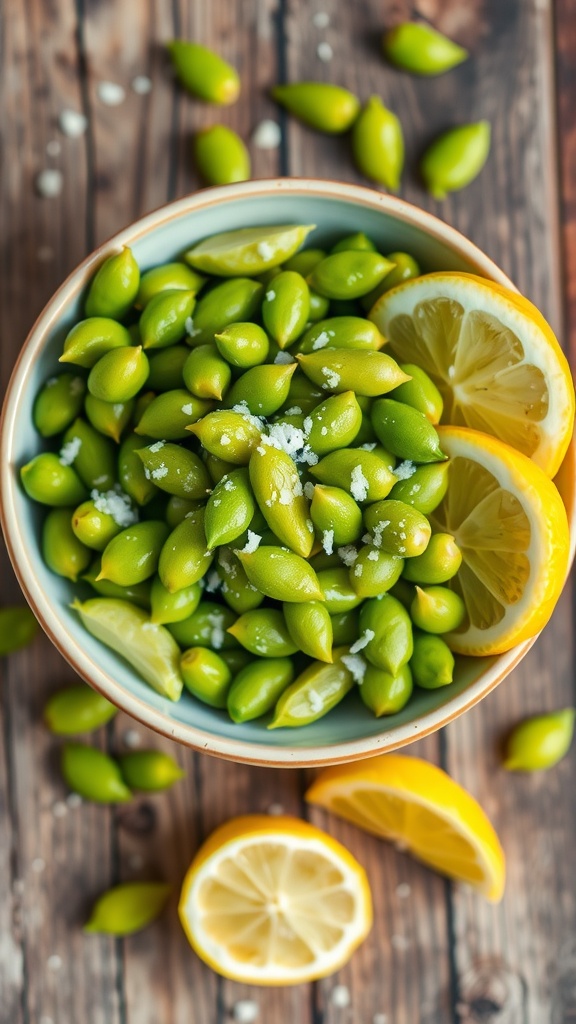 Zesty Edamame with Sea Salt and Lemon A bowl of edamame with sea salt and lemon juice, garnished with lemon wedges.